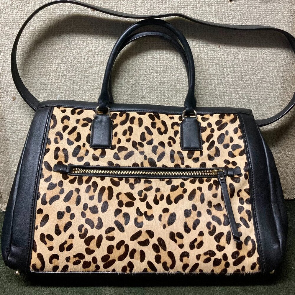 Kate Spade New York Black Ostrich Leather/ Leopard  Satchel Handbag Purse - NEW